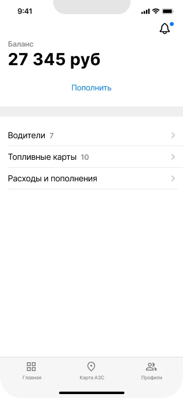 Главная страница юрлиц iOS